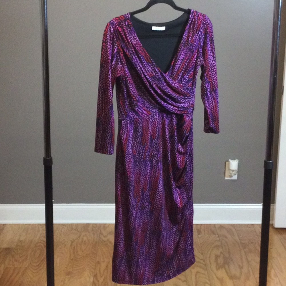 6 Gina Bacconi purple print faux wrap dress